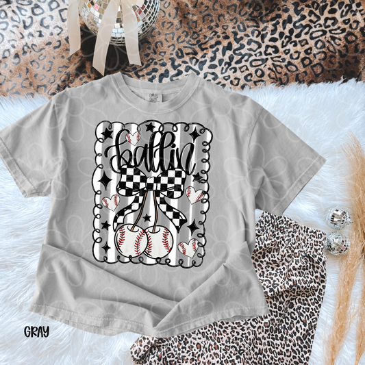 Ballin Baseball Cherry Bow Kids Completed Tee