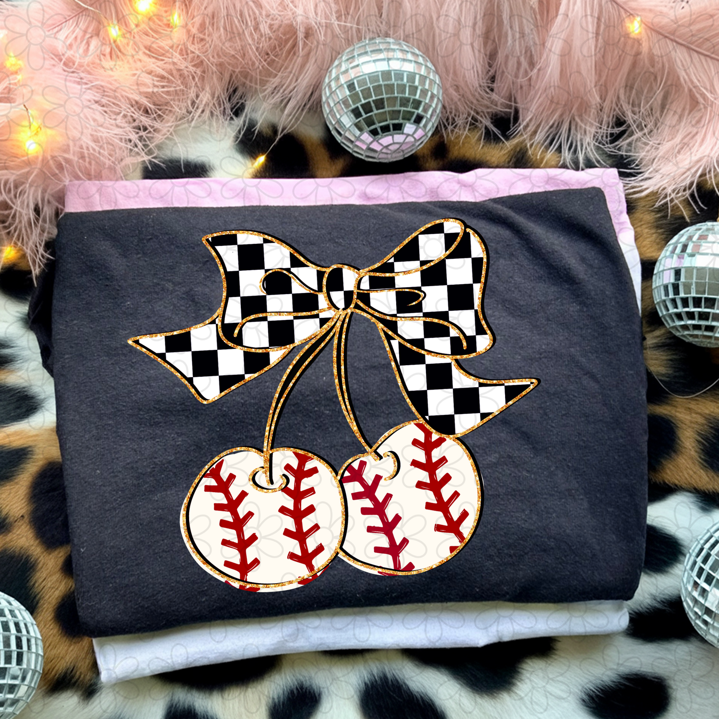 Baseball Cherry Checkered Bow Kids Completed Tee
