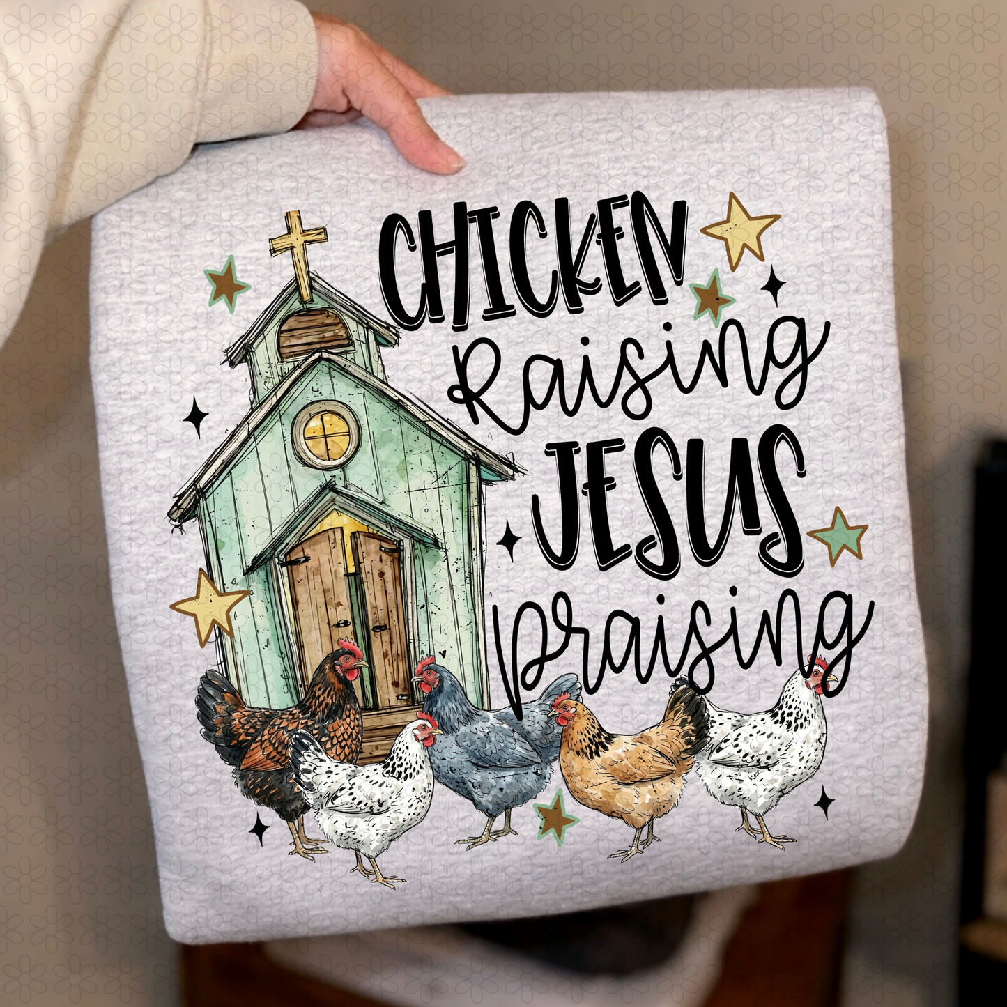 Black Chicken Raising Jesus Praising Completed Tee