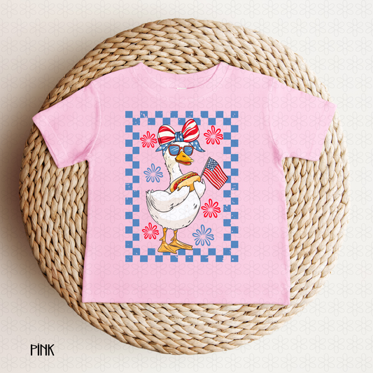 Blue Checkered 4th of july goose with bow Completed Tee