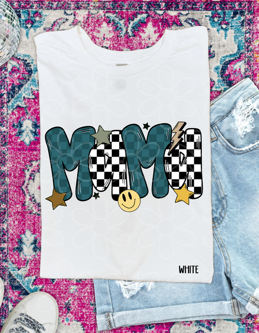 Blue Checkered Retro Smiley MaMa DTF Transfer