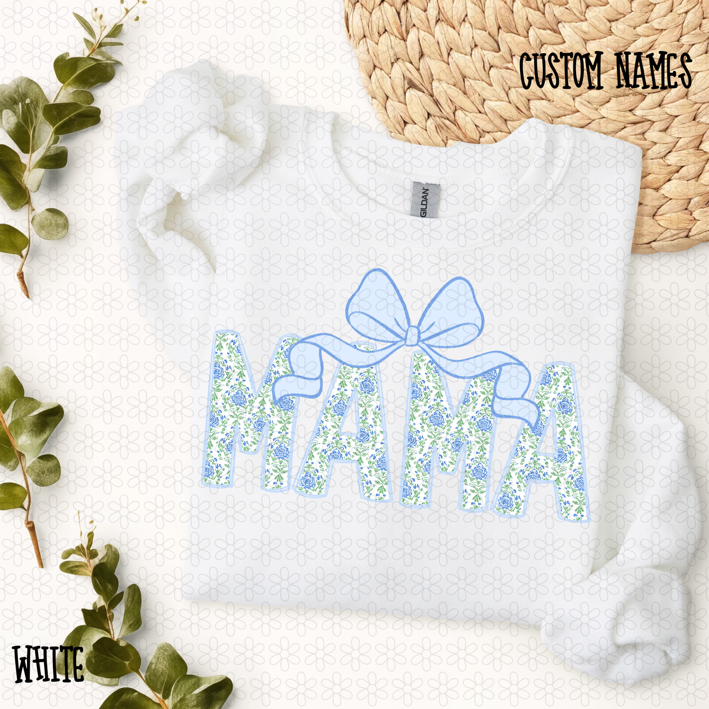Blue Floral Bow Custom Name Kids Completed Tee