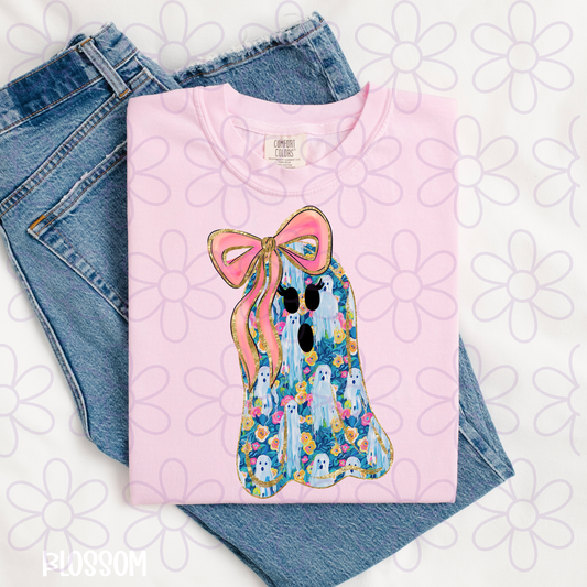 Blue Floral Ghosts Pink Bow Completed Tee