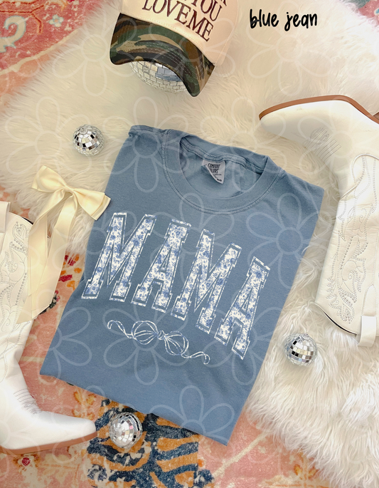 Blue Floral MaMa Bow DTF Transfer