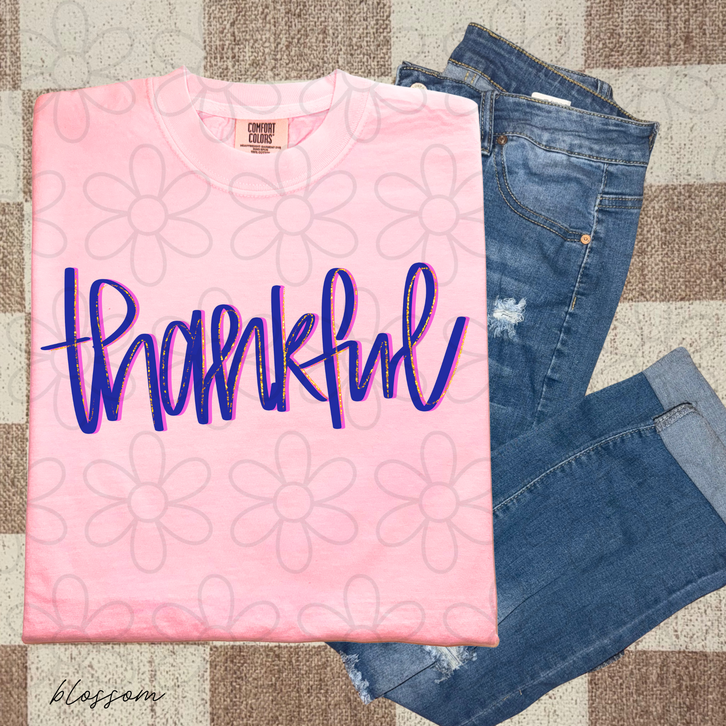 Blue Glitter Thankful Kids Completed Tee