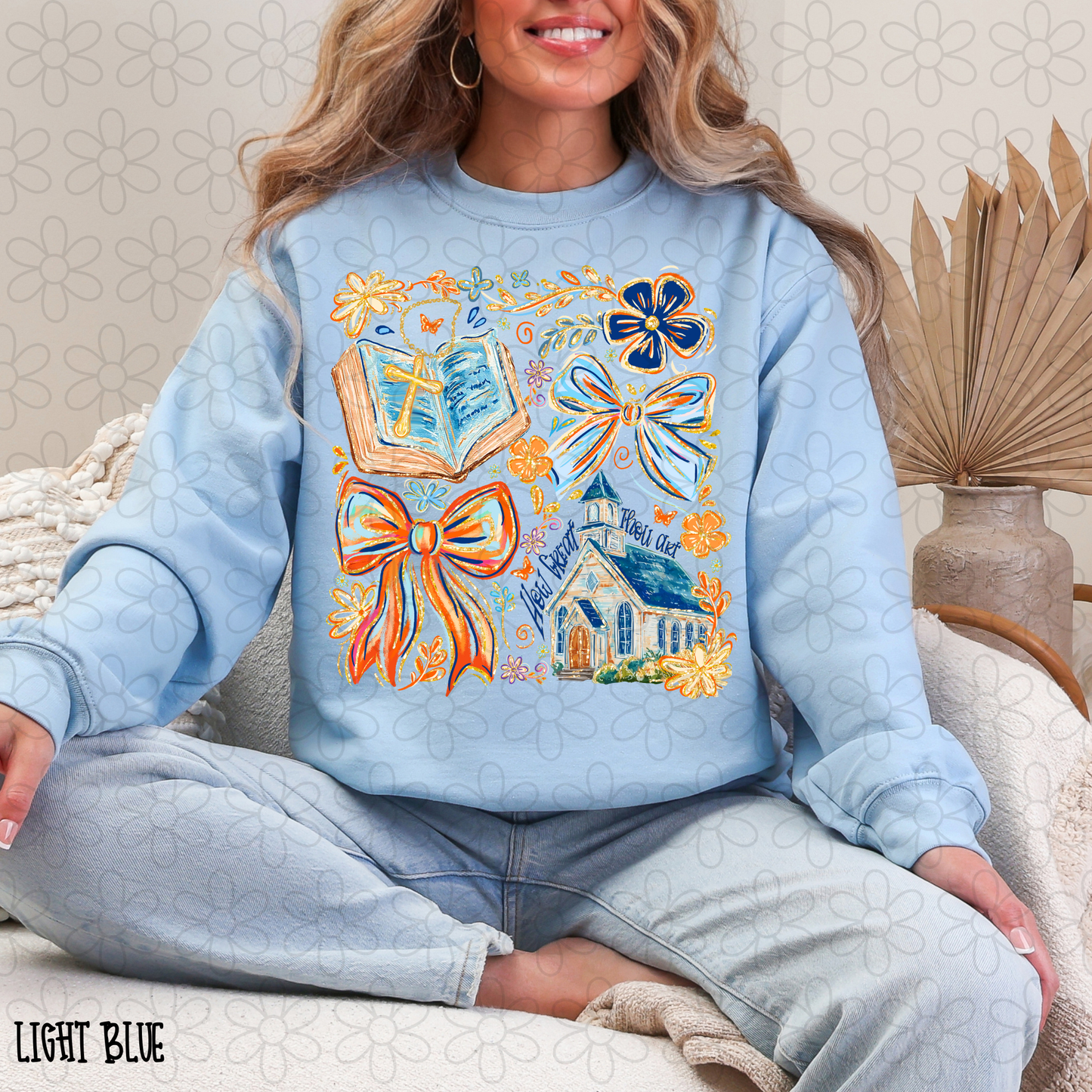 Blue Orange Church Bows Flowers Completed Tee