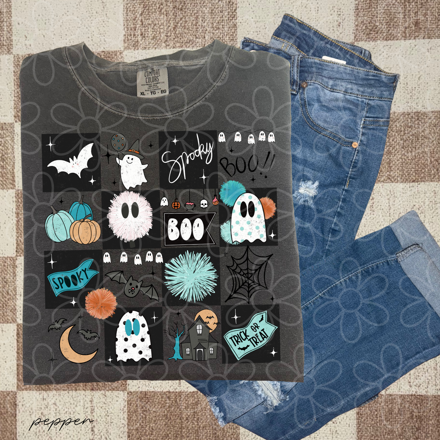 Blue Spooky Halloween Graphics Completed Tee