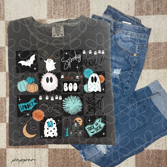 Blue Spooky Halloween Graphics Completed Tee