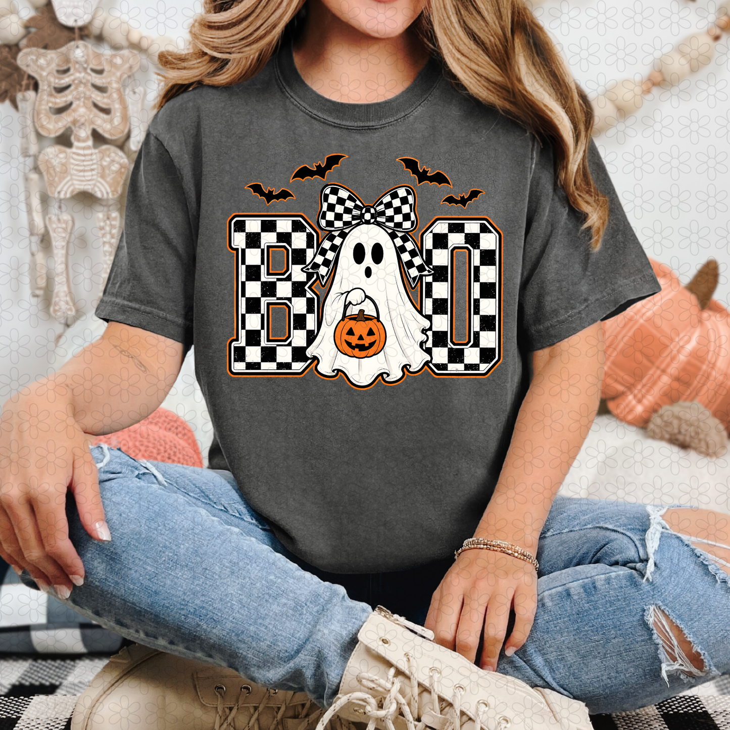 Boo ghost checkered bow Completed Tee