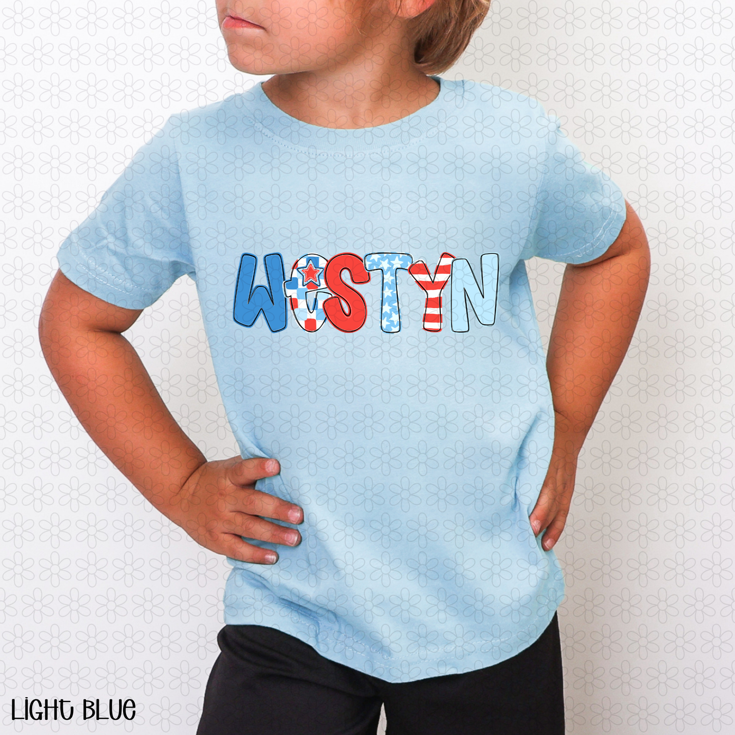 Boys Red White and Blue Custom Name Completed Tee