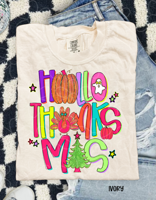Bright Colorful Hallothanksmas Completed Tee