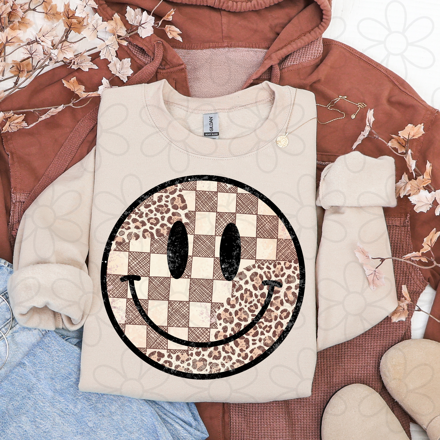 Brown Checkered Leopard Smiley Completed Tee