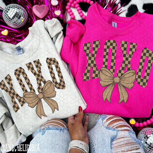 Brown Checkered XOXO Coquette Bow Kids Completed Tee