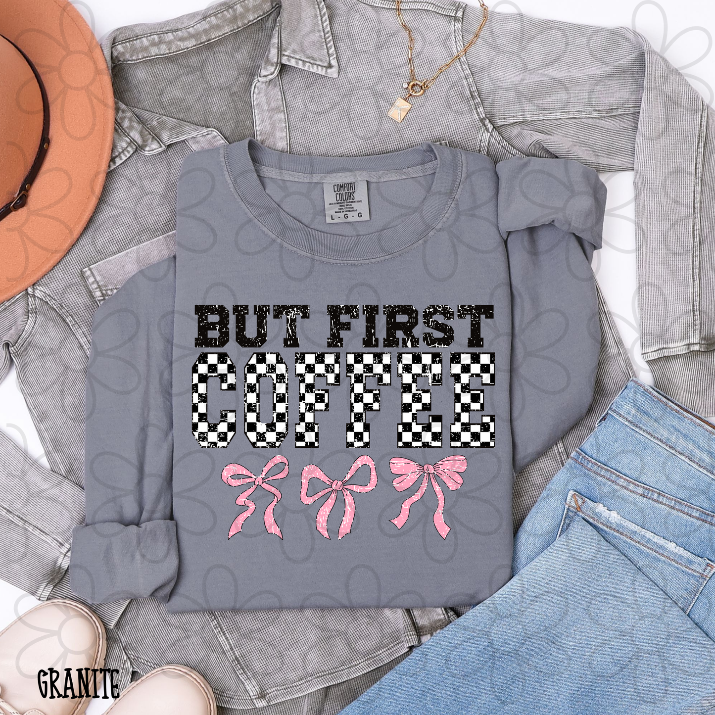 But First Coffee Checkered Pink Bows DTF Transfer