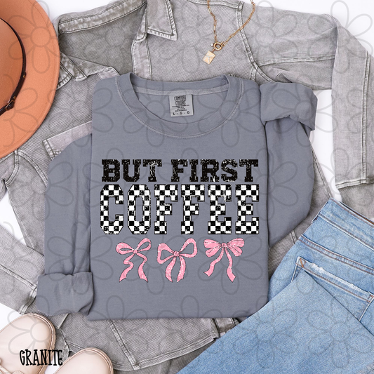 But First Coffee Checkered Pink Bows DTF Transfer