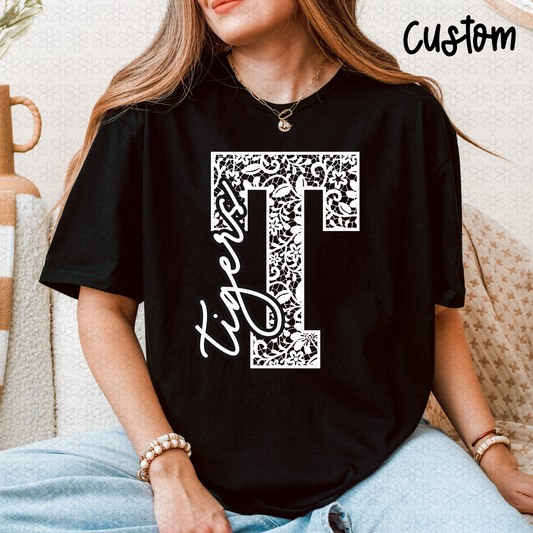 CUSTOM Floral Lace Initial School Spirit Mascot Completed Tee