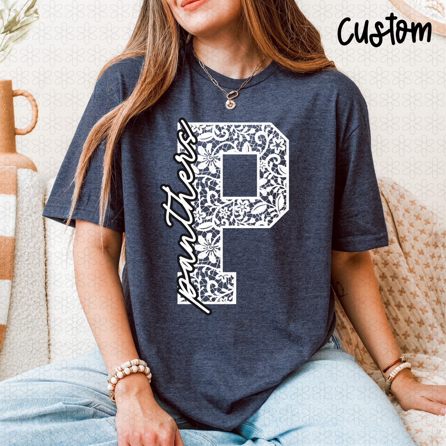 CUSTOM Floral Lace Initial School Spirit Mascot Completed Tee