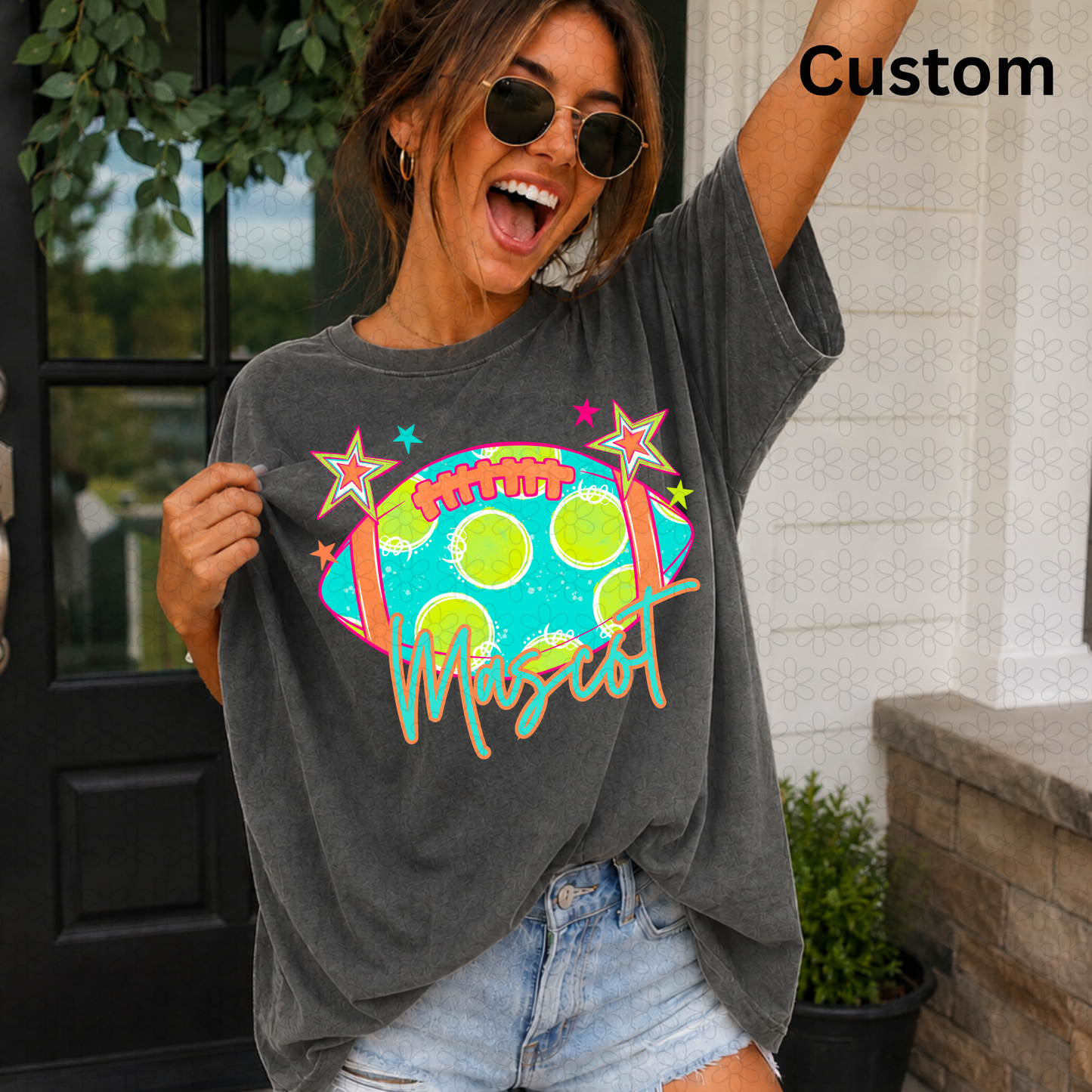 CUSTOM Orange and teal MASCOT teal football Completed Tee