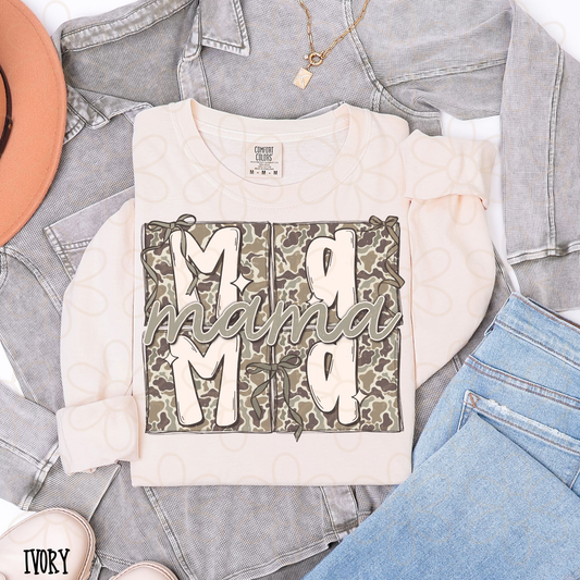 Camo Bows Stacked Mama Completed Tee
