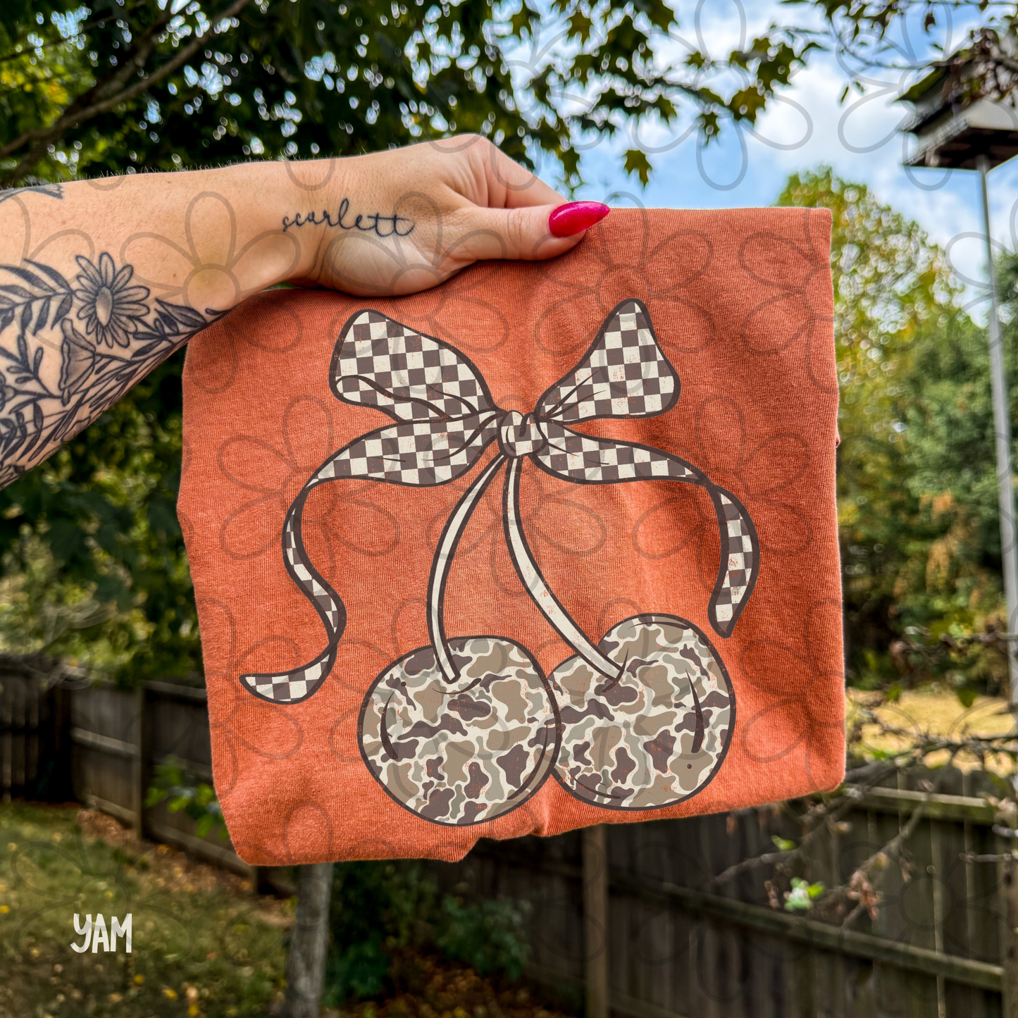 Camo Cherries Checkered Bow Completed Tee