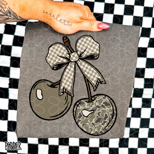 Camo Cherry Checkered Bow DTF Transfer