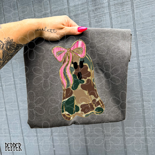 Camo Ghost Pink Bow Completed Tee