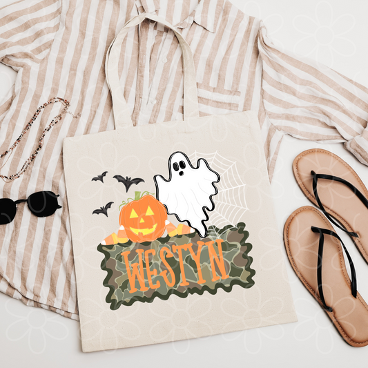 Camo Halloween Pumpkin Ghost Custom Name Kids Completed Bag