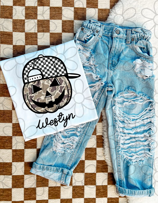Camo Pumpkin Checkered Hat Custom Name Kids Completed Tee