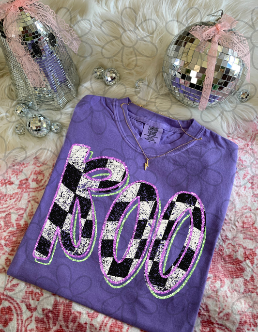 Checkered Boo Purple Glitter Kids Completed Tee