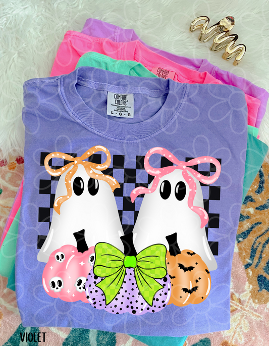 Checkered Ghosts Pumpkins Bows Kids Completed Tee