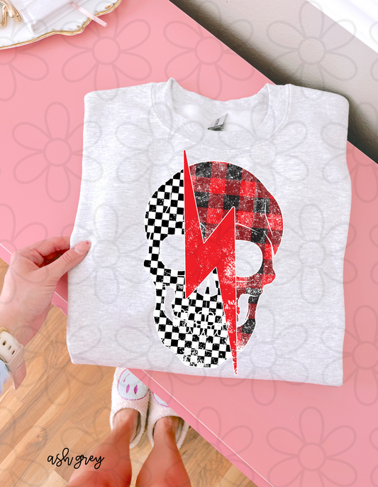 Checkered Plaid Skull Lightning Bolt Completed Tee