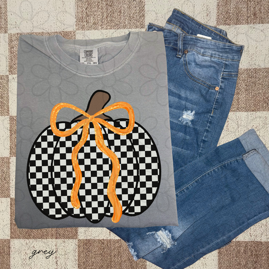 Checkered Pumpkin Orange Bow Completed Tee