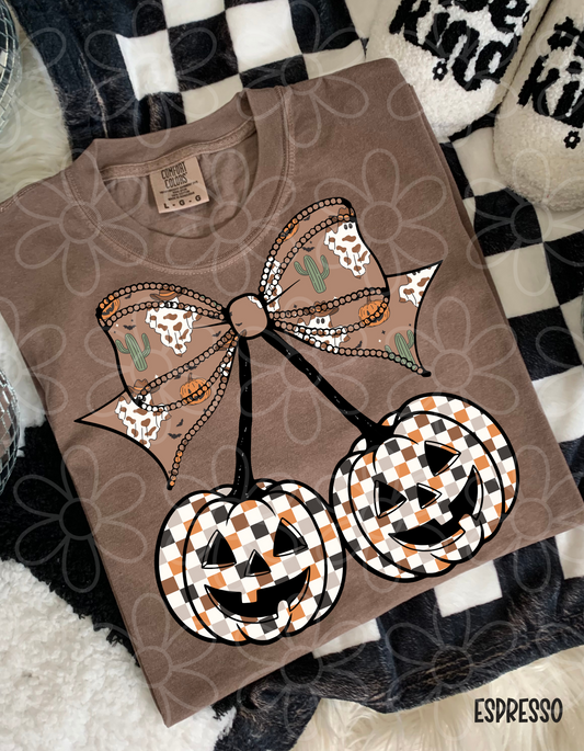 Checkered Pumpkins Western Bow Kids Completed Tee