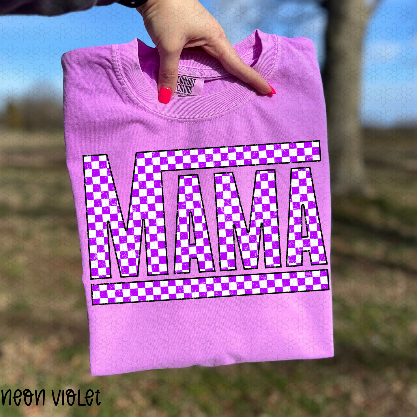 Checkered Purple and white mama Completed Tee