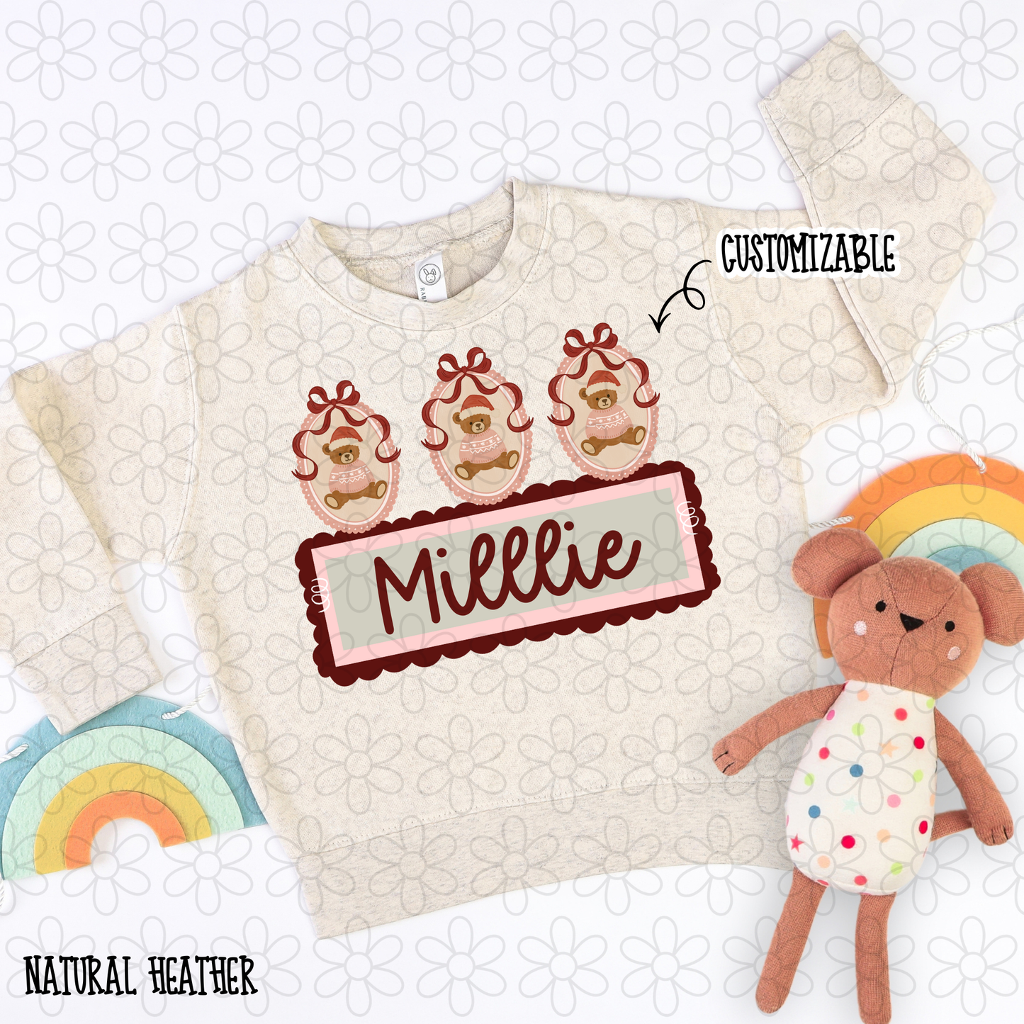 Christmas Bears Bows Custom Name Kids Completed Tee