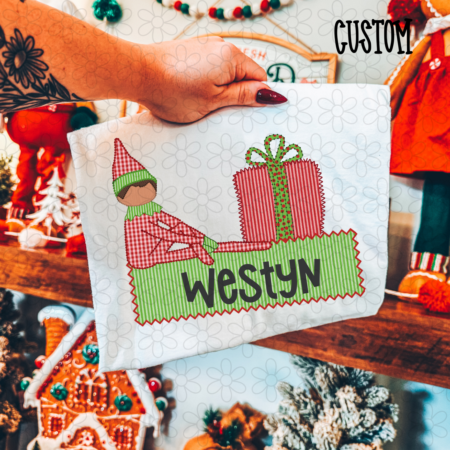 Christmas Elf Stripes Custom Name Completed Tee