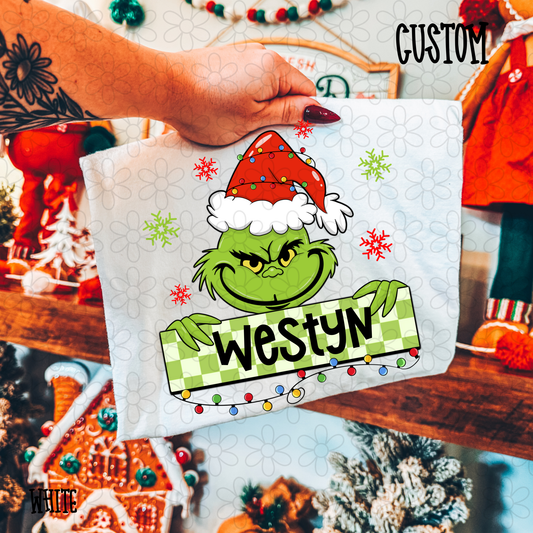 Christmas Grinch Green Checkered Boys Custom Name DTF Transfer