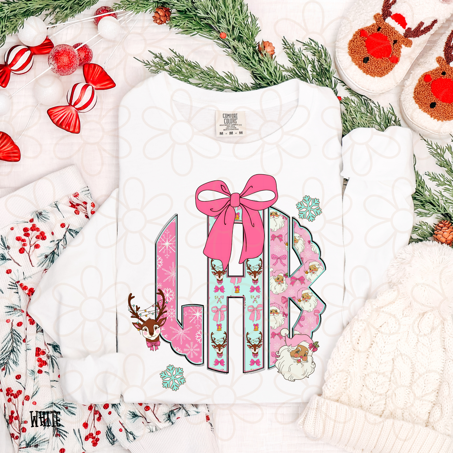 Christmas Pink Bows Custom Monogram Completed Tee