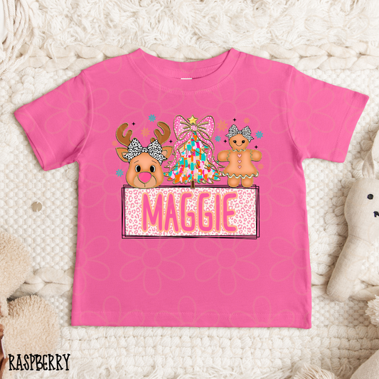 Christmas Pink Leopard Custom Name Kids Completed Tee