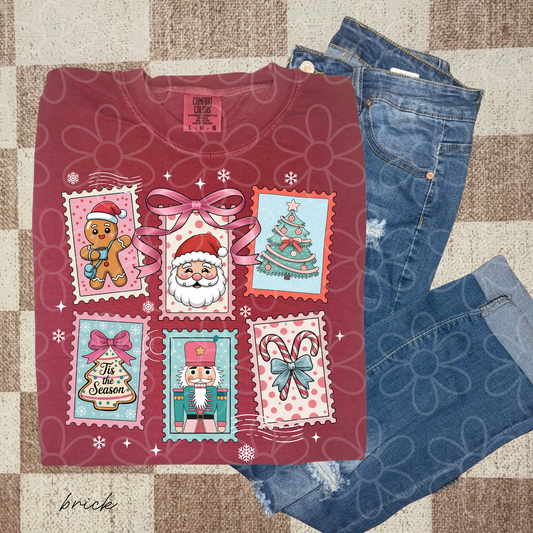 Christmas Stamps Pink Bow Completed Tee