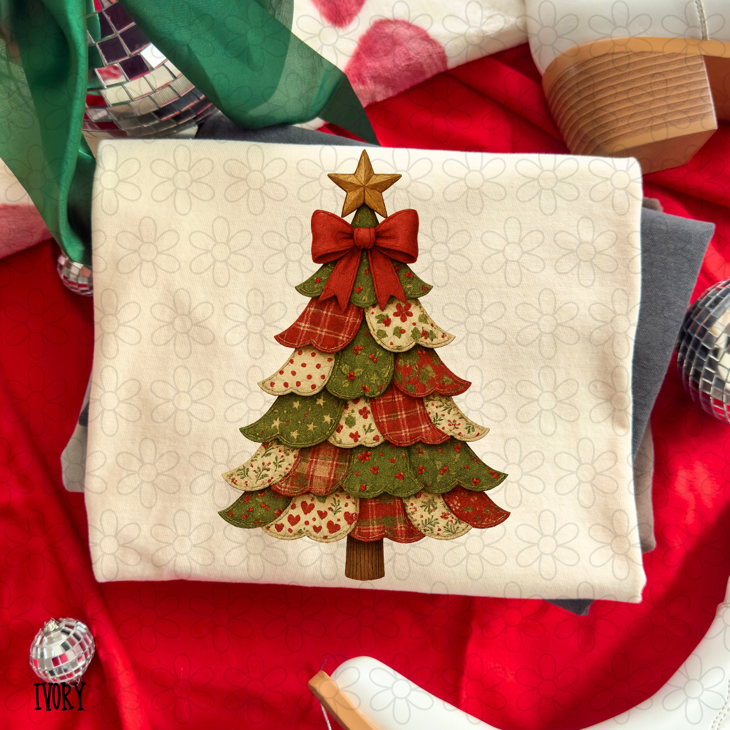 Christmas Tree Multi Pattern Red Bow Kids Completed Tee