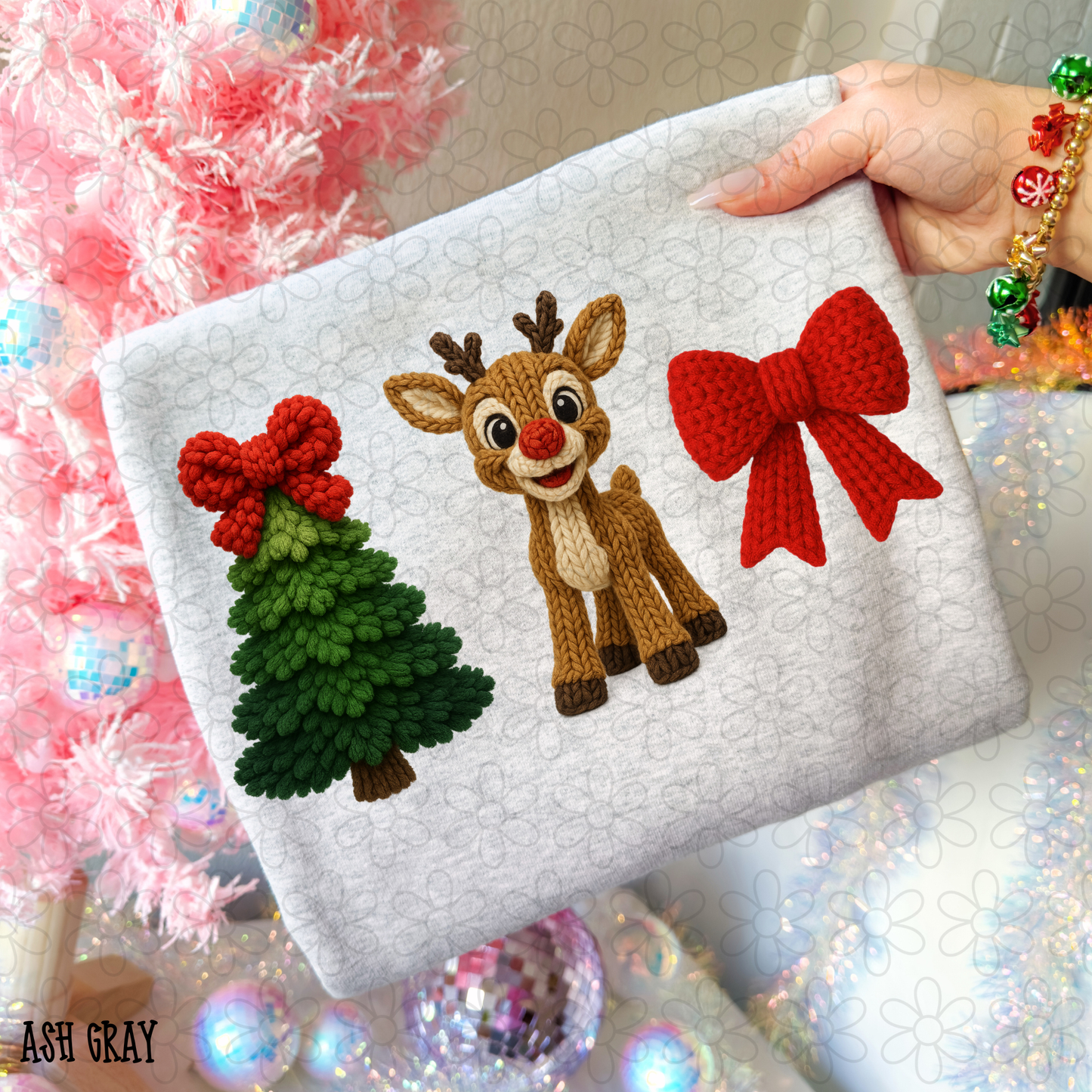 Christmas Tree Rudolph Red Bow Kids Completed Tee