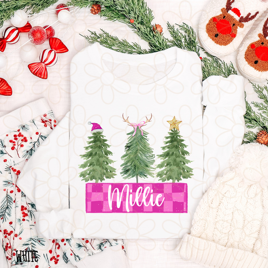 Christmas Trees Pink Checkered Custom Name DTF Transfer