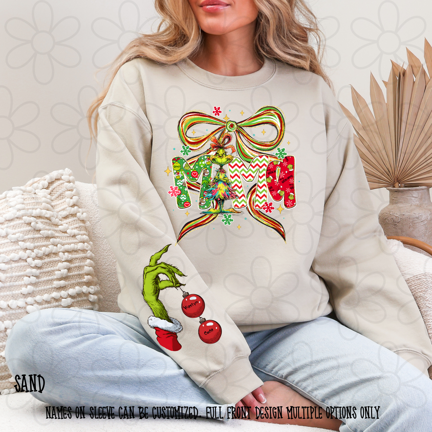 Christmas Watercolor Bow Grinch Name Custom Sleeve (Multiple Front Options) DTF Transfer