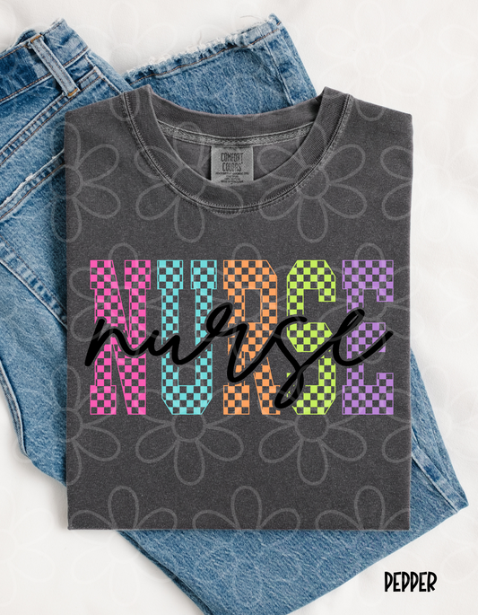 Colorful Checkered Cursive Nurse Completed Tee