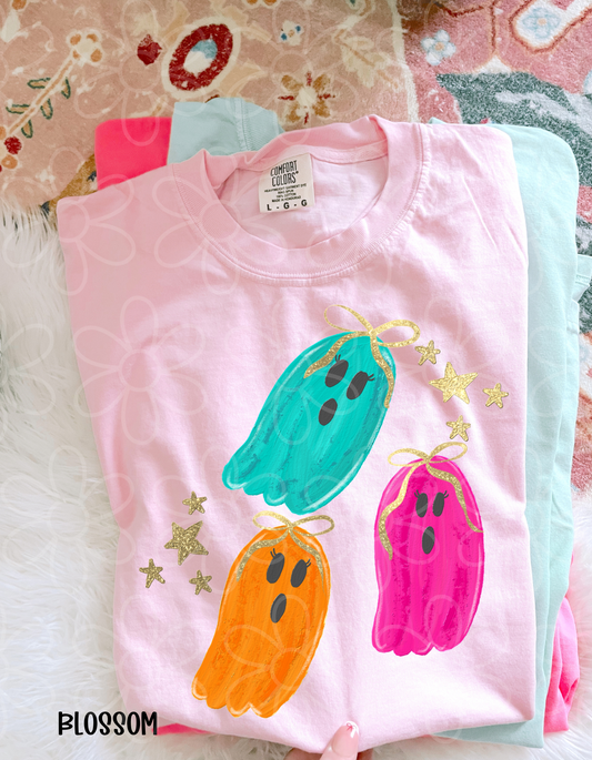 Colorful Ghosts Glitter Bows Completed Tee