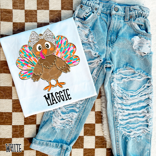 Colorful Turkey Bow Custom Name Completed Tee