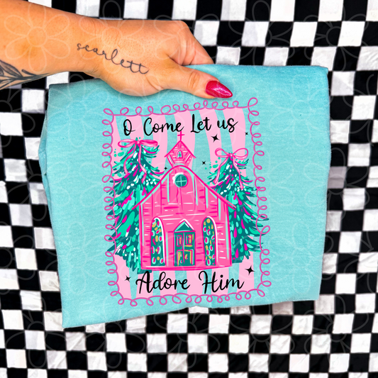 Come Let Us Adore Him Pink Church DTF Transfer