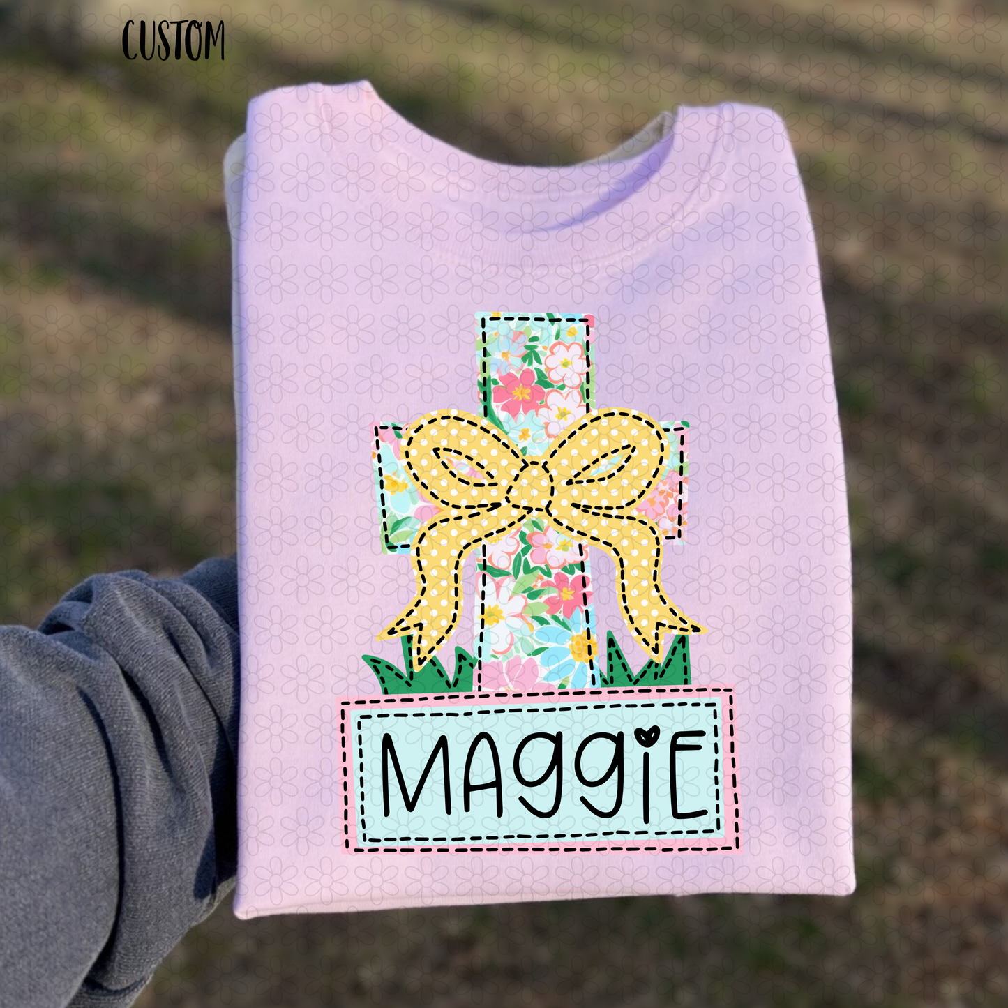 Coquette Floral Cross Custom Name Completed Tee