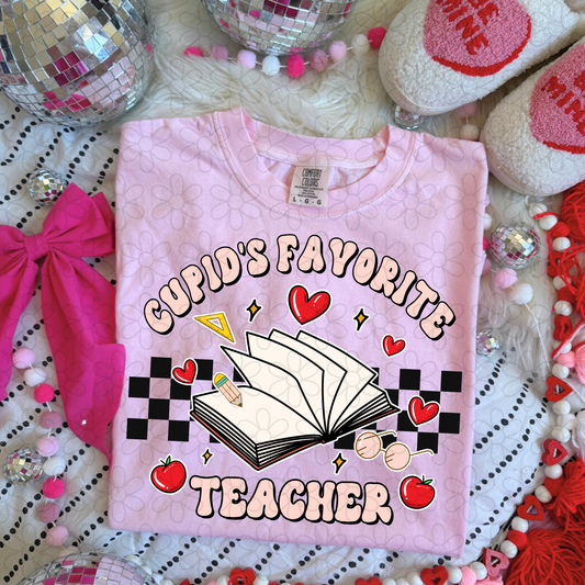 Cupid's Favorite Teacher Checkered Completed Tee